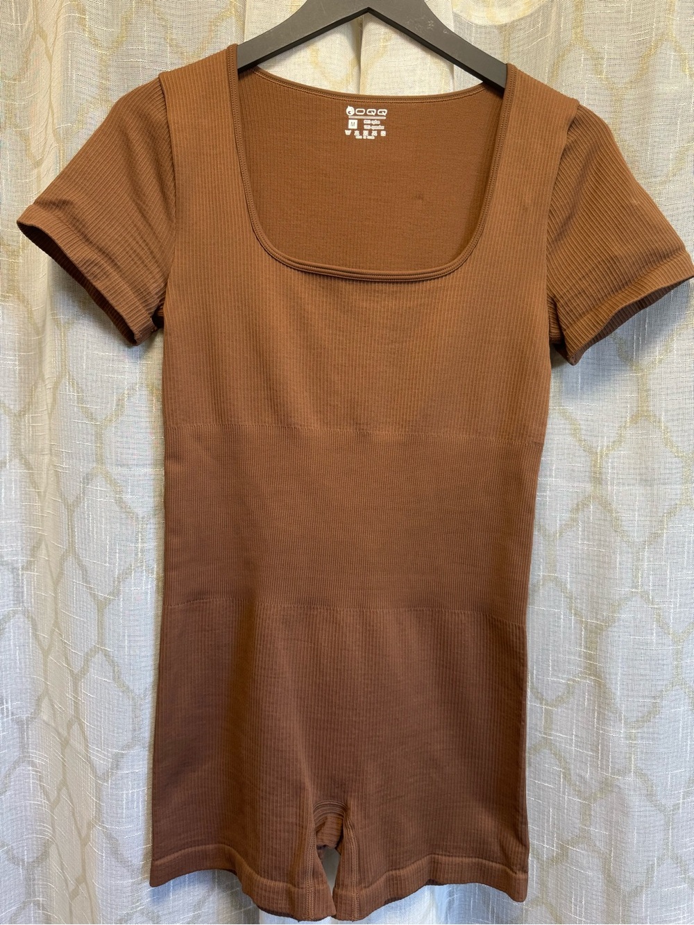 OQQ Chocolate Brown Ribbed Square-Neck Biker Shorts Romper